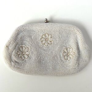 Vintage Japanese Beaded Clutch White Seed Beads Flower Pattern Coin Purse